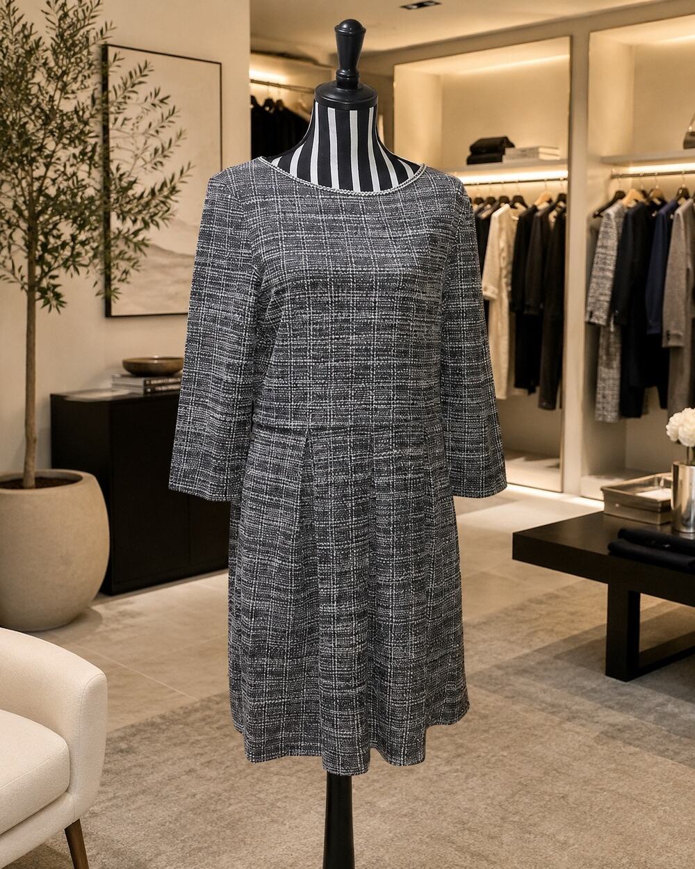 Max Studio Plaid Tweed A-Line Dress Black White 3/4 Sleeve Career NWT Career